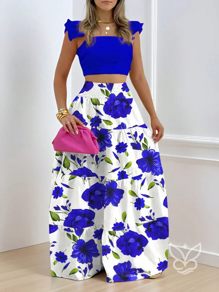 Conjunto Cropped Com Babados E Saia Longa Floral Estampada Azul / PP Conjunto Cropped Com Babados E Saia Longa Floral