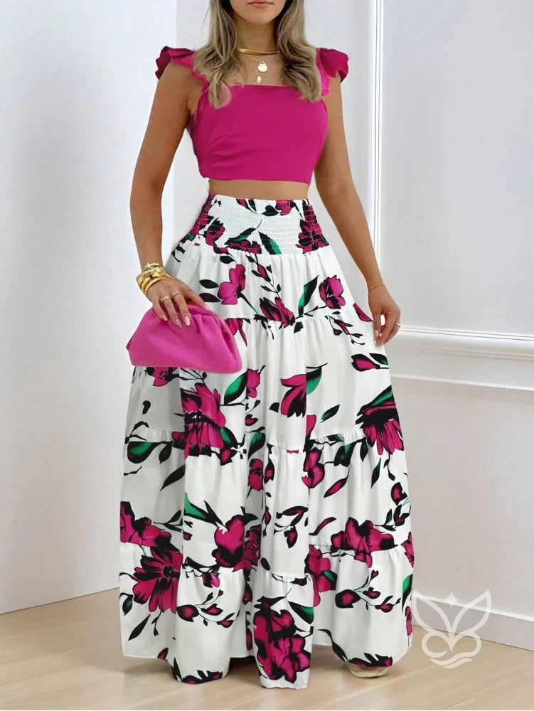 Conjunto Cropped Com Babados E Saia Longa Floral Estampada Rosa / PP Conjunto Cropped Com Babados E Saia Longa Floral