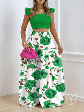 Conjunto Cropped Com Babados E Saia Longa Floral Estampada Verde / PP Conjunto Cropped Com Babados E Saia Longa Floral