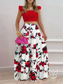 Conjunto Cropped Com Babados E Saia Longa Floral Estampada Vermelho / PP Conjunto Cropped Com Babados E Saia Longa