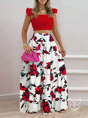 Conjunto Cropped Com Babados E Saia Longa Floral Estampada Vermelho / PP Conjunto Cropped Com Babados E Saia Longa