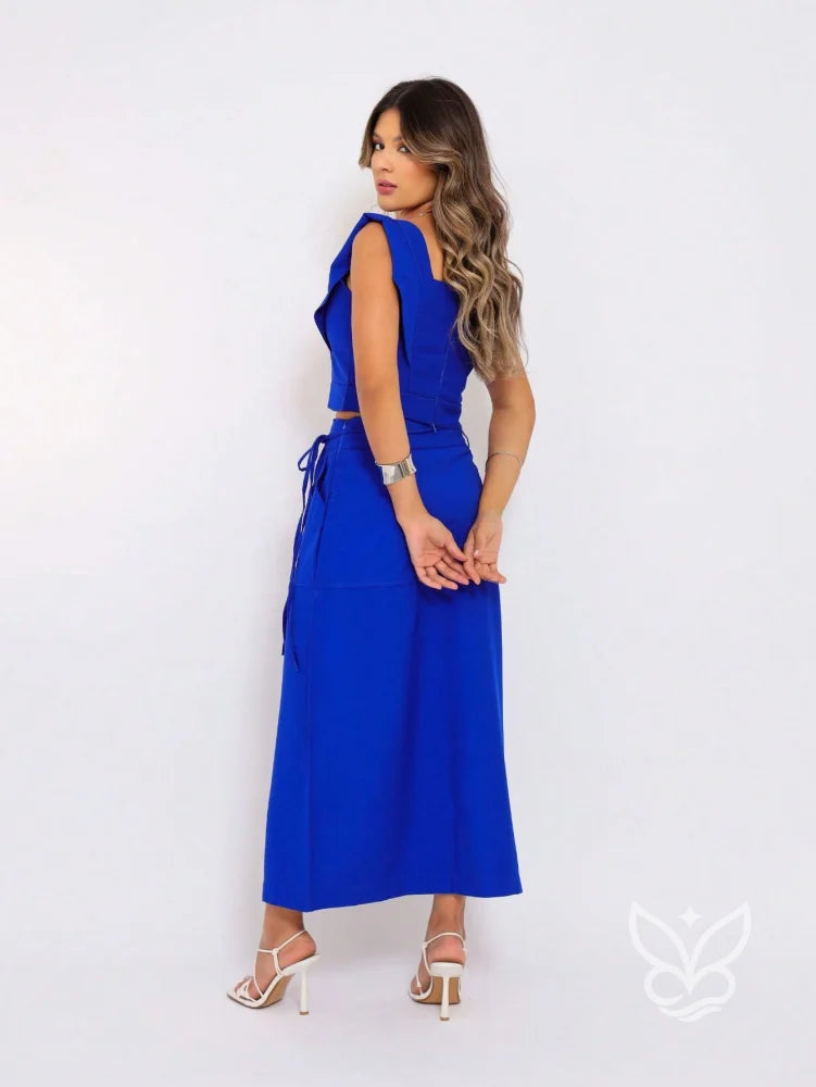 Conjunto Cropped Com Babados E Saia Midi Fenda Conjunto Cropped Com Babados E Saia Midi Fenda