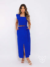 Conjunto Cropped Com Babados E Saia Midi Fenda Azul / PP Conjunto Cropped Com Babados E Saia Midi Fenda