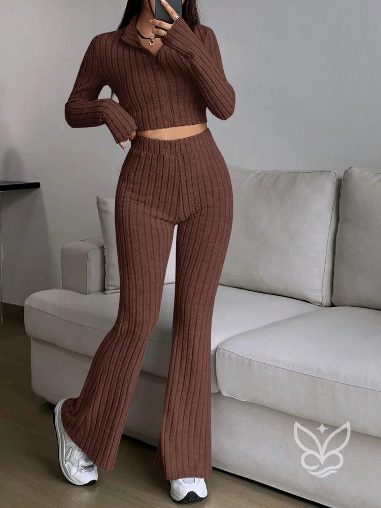 Conjunto Cropped Com Zíper Frontal E Calça Longa Café / PP Conjunto Cropped Com Zíper Frontal E Calça Longa