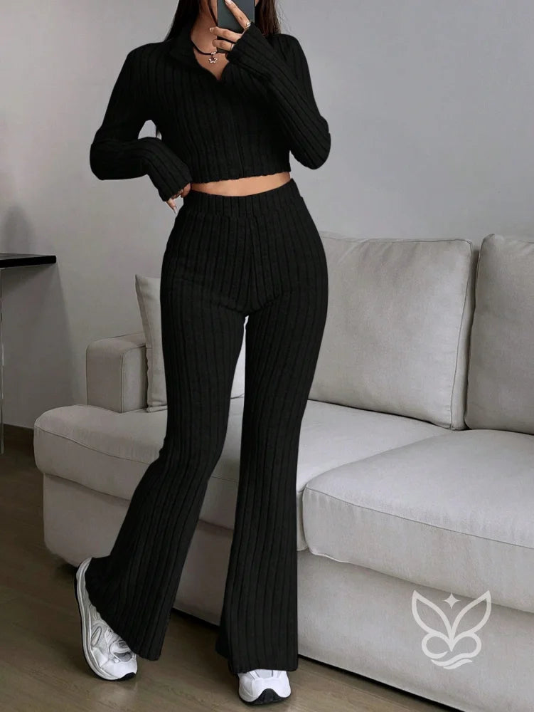 Conjunto Cropped Com Zíper Frontal E Calça Longa Preto / PP Conjunto Cropped Com Zíper Frontal E Calça Longa
