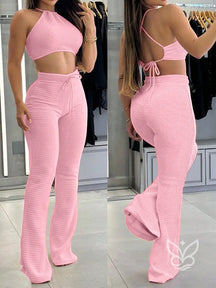Conjunto Cropped Halter Com Amarração Nas Costas E Calça Flare Rosa Chiclete / PP Conjunto Cropped Halter Com Amarração