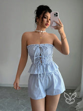 Conjunto Cropped Listrado Com Babados E Shorts Cintura Elástica Azul Bebê / PP Conjunto Cropped Listrado Com Babados E