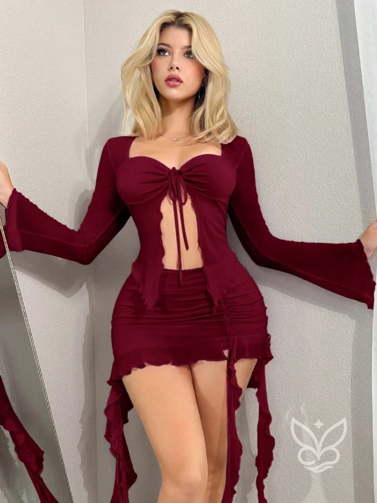 Conjunto Cropped Manga Longa Amarração Frontal E Saia Com Babados Vinho / PP Conjunto Cropped Manga Longa Amarração