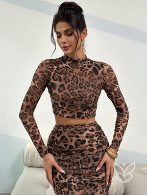 Conjunto Cropped Manga Longa Bodycon Com Saia Cintura Alta E Franzida Conjunto Tubinho Com Franjas E Saia Curta