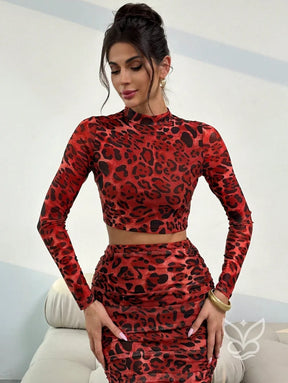 Conjunto Cropped Manga Longa Bodycon Com Saia Cintura Alta E Franzida Vermelho / PP Conjunto Tubinho Com Franjas E Saia