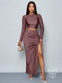Conjunto Cropped Manga Longa Com Saia Fenda Roxo / PP Conjunto Cropped Manga Longa Com Saia Fenda