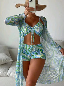 Conjunto de Biquíni com Shorts e Saída Estampada Azul / P Conjunto de Biquíni com Shorts e Saída Estampada