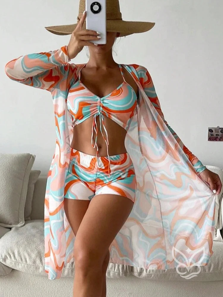 Conjunto de Biquíni com Shorts e Saída Estampada Laranja Queimado / P Conjunto de Biquíni com Shorts e Saída Estampada