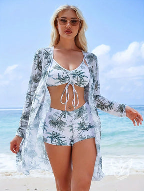 Conjunto de Biquíni com Shorts e Saída Estampada Verde / P Conjunto de Biquíni com Shorts e Saída Estampada