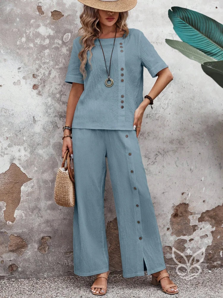Conjunto Em Algodão Com Blusa Reta E Calça De Botões Laterais Azul / PP Conjunto Em Algodão Com Blusa Reta E Calça De