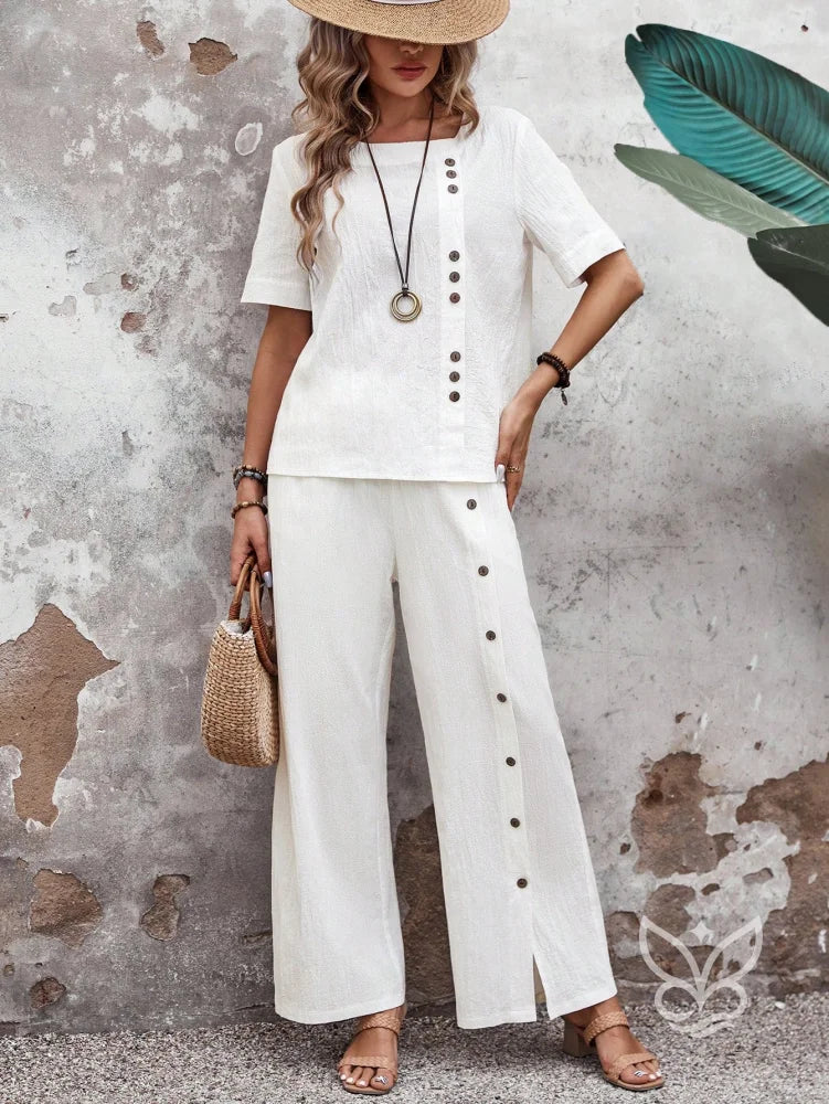 Conjunto Em Algodão Com Blusa Reta E Calça De Botões Laterais Branco / PP Conjunto Em Algodão Com Blusa Reta E Calça De