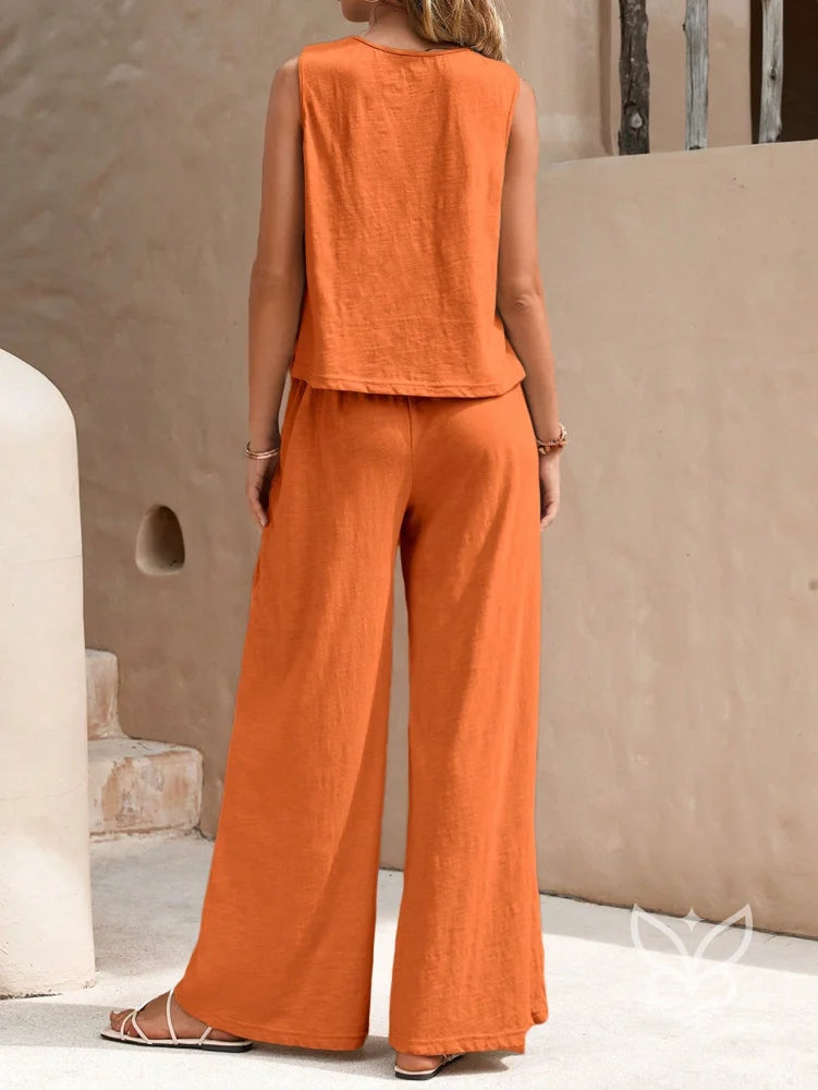 Conjunto Em Algodão Com Blusa Solta E Calça Pantalona Casual Conjunto Em Algodão Com Blusa Solta E Calça Pantalona