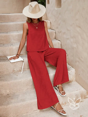 Conjunto Em Algodão Com Blusa Solta E Calça Pantalona Casual Conjunto Em Algodão Com Blusa Solta E Calça Pantalona