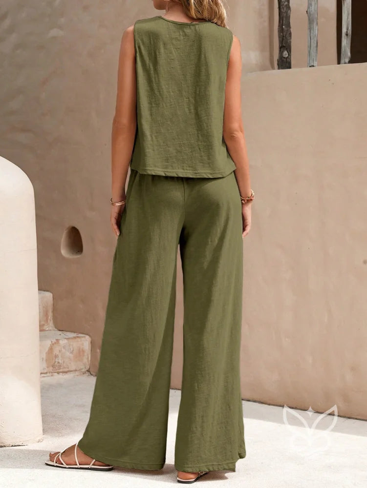 Conjunto Em Algodão Com Blusa Solta E Calça Pantalona Casual Conjunto Em Algodão Com Blusa Solta E Calça Pantalona