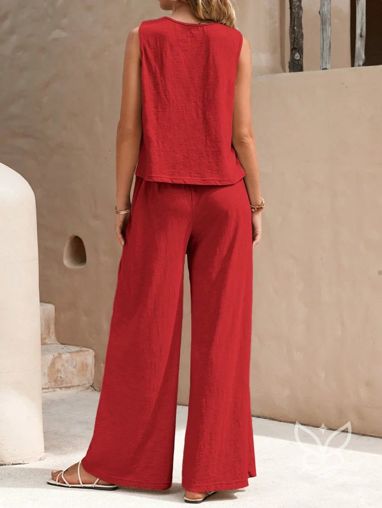 Conjunto Em Algodão Com Blusa Solta E Calça Pantalona Casual Conjunto Em Algodão Com Blusa Solta E Calça Pantalona