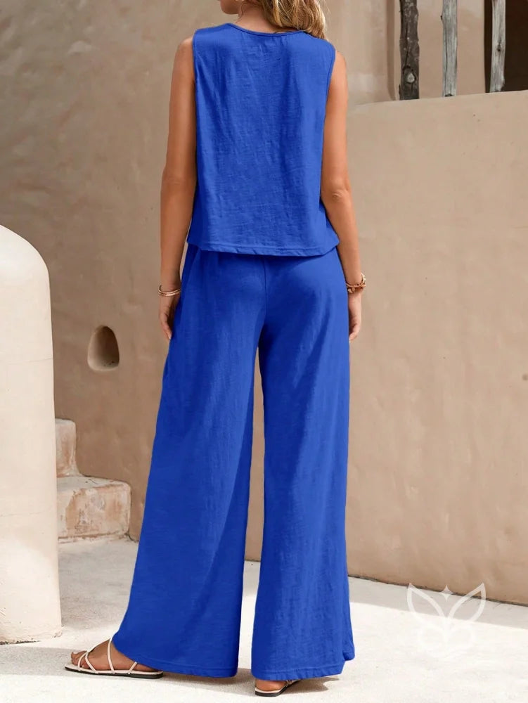 Conjunto Em Algodão Com Blusa Solta E Calça Pantalona Casual Conjunto Em Algodão Com Blusa Solta E Calça Pantalona