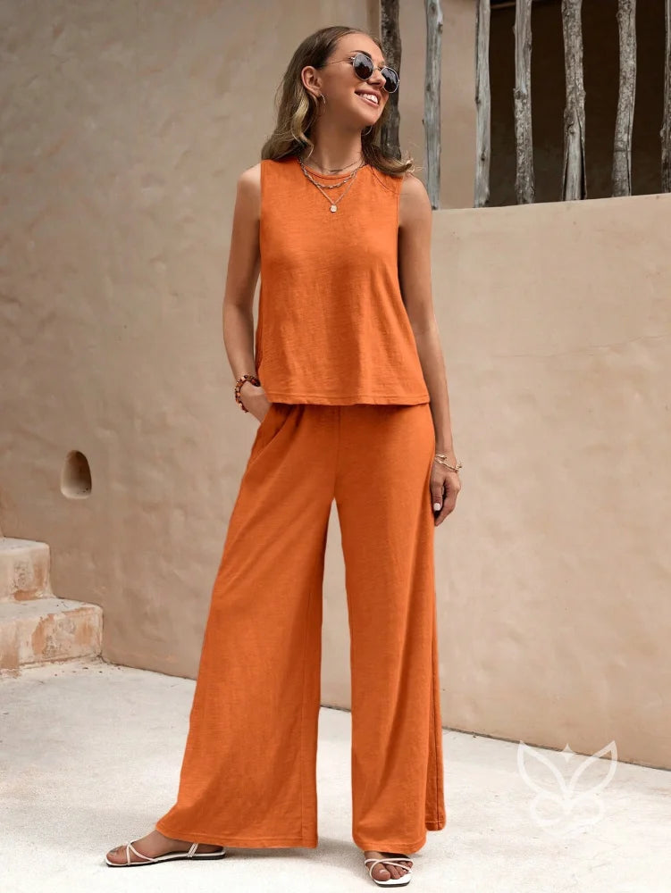 Conjunto Em Algodão Com Blusa Solta E Calça Pantalona Casual Laranja / PP Conjunto Em Algodão Com Blusa Solta E Calça