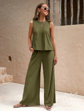 Conjunto Em Algodão Com Blusa Solta E Calça Pantalona Casual Verde Militar / PP Conjunto Em Algodão Com Blusa Solta E