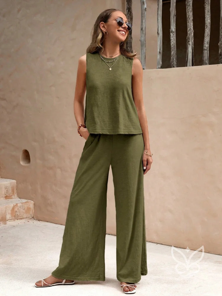 Conjunto Em Algodão Com Blusa Solta E Calça Pantalona Casual Verde Militar / PP Conjunto Em Algodão Com Blusa Solta E