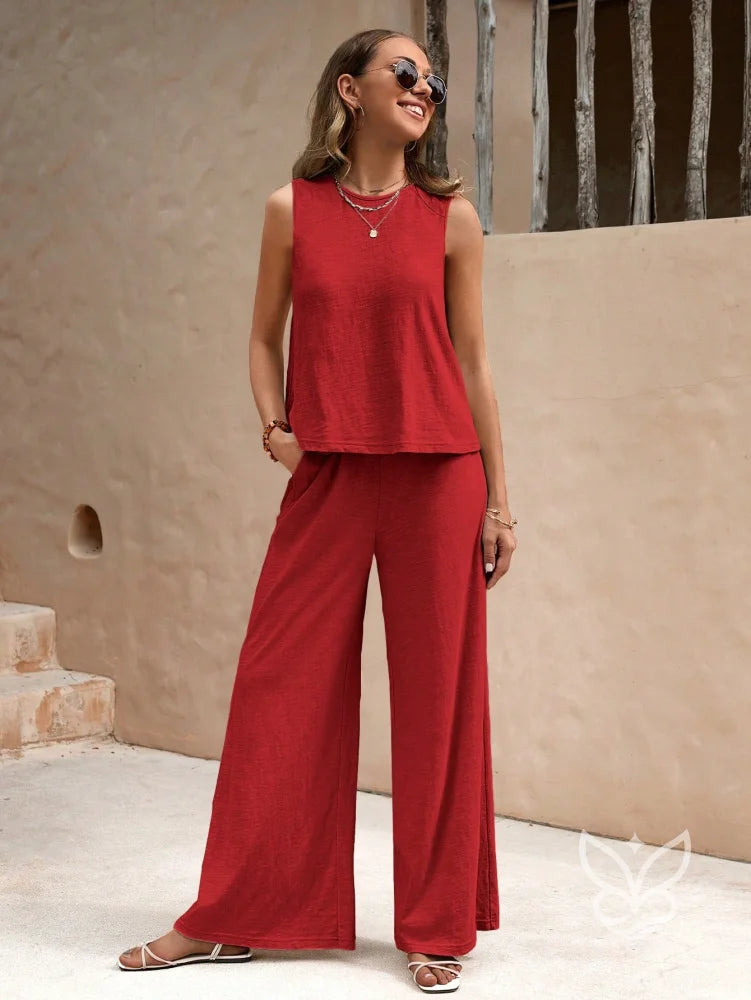 Conjunto Em Algodão Com Blusa Solta E Calça Pantalona Casual Vermelho / PP Conjunto Em Algodão Com Blusa Solta E Calça