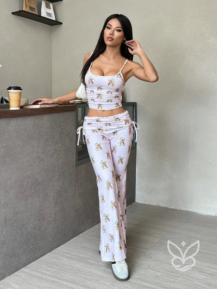 Conjunto Estampado Com Alças Finas E Calça De Amarração Lateral Rosa Empoeirado / PP Conjunto Estampado Com Alças Finas