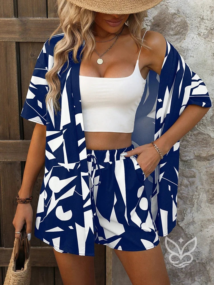 Conjunto Estampado Com Kimono Shorts Moderno Azul Marinho / PP Conjunto Estampado Com Kimono Shorts Moderno