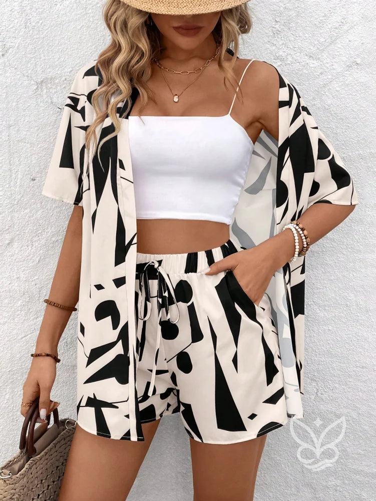 Conjunto Estampado Com Kimono Shorts Moderno Damasco / PP Conjunto Estampado Com Kimono Shorts Moderno