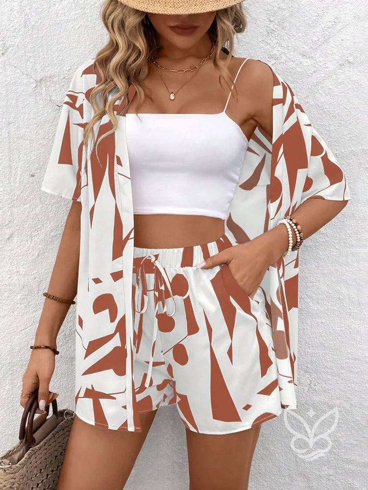 Conjunto Estampado Com Kimono Shorts Moderno Laranja / PP Conjunto Estampado Com Kimono Shorts Moderno