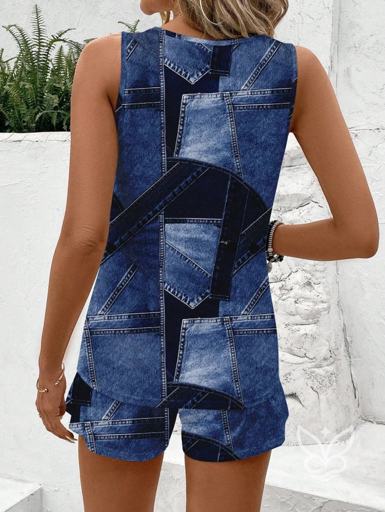 Conjunto Estampado Jeans Patchwork Com Regata E Shorts Casuais Conjunto Estampado Jeans Patchwork Com Regata E Shorts
