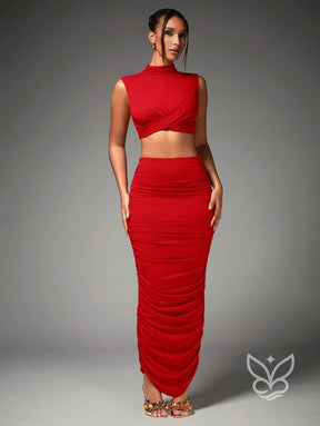 Conjunto Gola Alta Com Babados E Saia Midi Vermelho / PP Conjunto Gola Alta Com Babados E Saia Midi