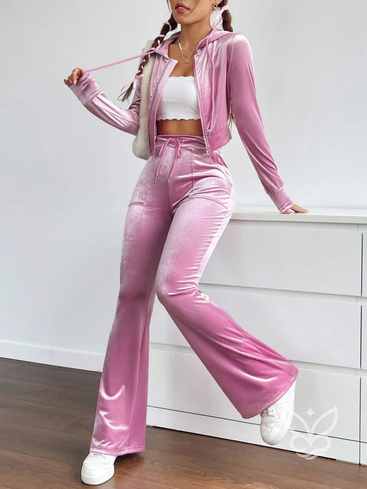 Conjunto Jaqueta Com Capuz E Zíper E Calça Com Cordão Rosa Chiclete / PP Conjunto Jaqueta Com Capuz E Zíper E Calça Com