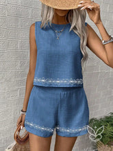 Conjunto Linho Com Bordado Floral E Shorts De Cintura Alta Azul / PP Conjunto Linho Com Bordado Floral E Shorts De