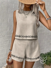 Conjunto Linho Com Bordado Floral E Shorts De Cintura Alta Damasco / PP Conjunto Linho Com Bordado Floral E Shorts De