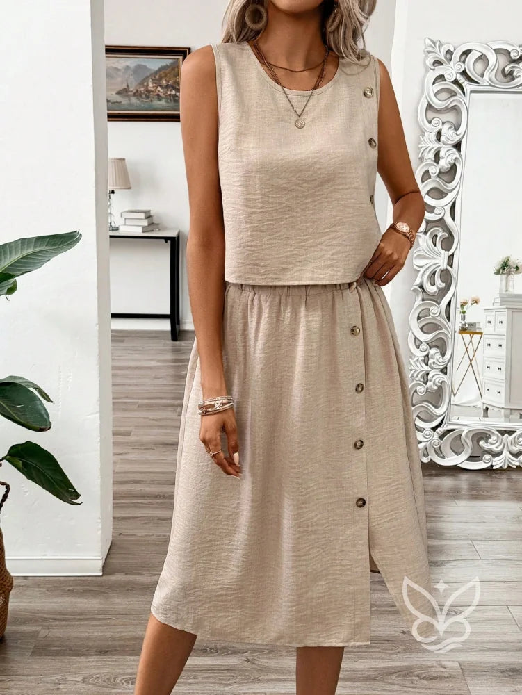 Conjunto Linho Com Regata E Saia Midi Com Botões Laterais Caqui / PP Conjunto Linho Com Regata E Saia Midi Com Botões