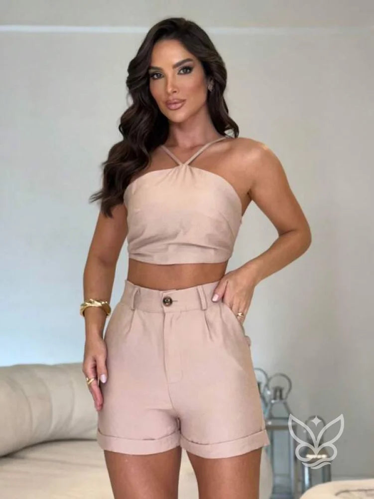 Conjunto Linho Cropped E Short Clochard Creme / PP Conjunto Linho Cropped E Short Clochard