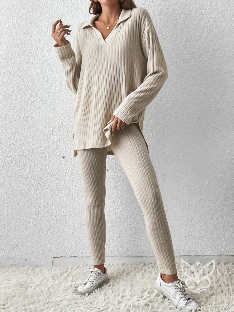 Conjunto Loungewear Canelado Com Blusa Gola Polo E Legging Damasco / PP Conjunto Loungewear Canelado Com Blusa Gola