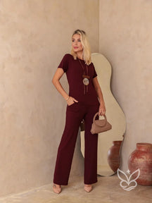 Conjunto Loungewear Com Blusa Básica E Calça De Malha Vinho / PP Conjunto Loungewear Com Blusa Básica E Calça De Malha