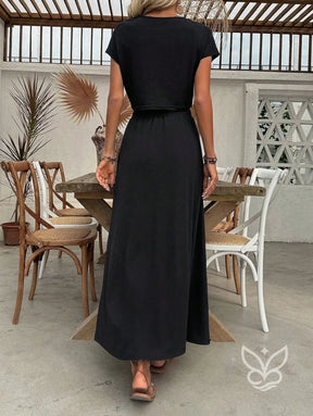 Conjunto Loungewear Com Blusa Básica E Saia Longa Com Fenda Conjunto Loungewear Com Blusa Básica E Saia Longa Com Fenda