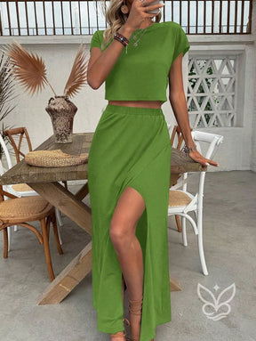 Conjunto Loungewear Com Blusa Básica E Saia Longa Com Fenda Verde / PP Conjunto Loungewear Com Blusa Básica E Saia