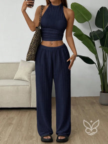 Conjunto Loungewear Com Calça Reta E Cropped Canelado Azul Marinho / PP Conjunto Loungewear Com Calça Reta E Cropped