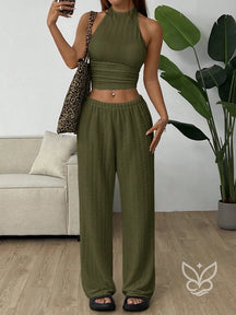 Conjunto Loungewear Com Calça Reta E Cropped Canelado Verde Militar / PP Conjunto Loungewear Com Calça Reta E Cropped