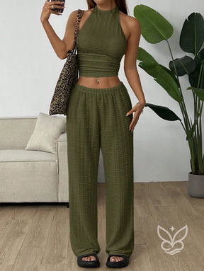 Conjunto Loungewear Com Calça Reta E Cropped Canelado Verde Militar / PP Conjunto Loungewear Com Calça Reta E Cropped