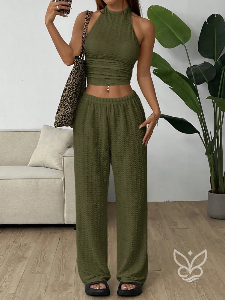 Conjunto Loungewear Com Calça Reta E Cropped Canelado Verde Militar / PP Conjunto Loungewear Com Calça Reta E Cropped