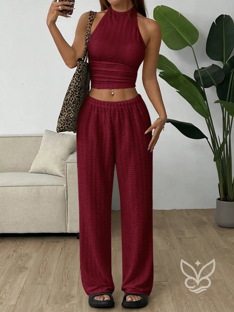 Conjunto Loungewear Com Calça Reta E Cropped Canelado Vinho / PP Conjunto Loungewear Com Calça Reta E Cropped Canelado