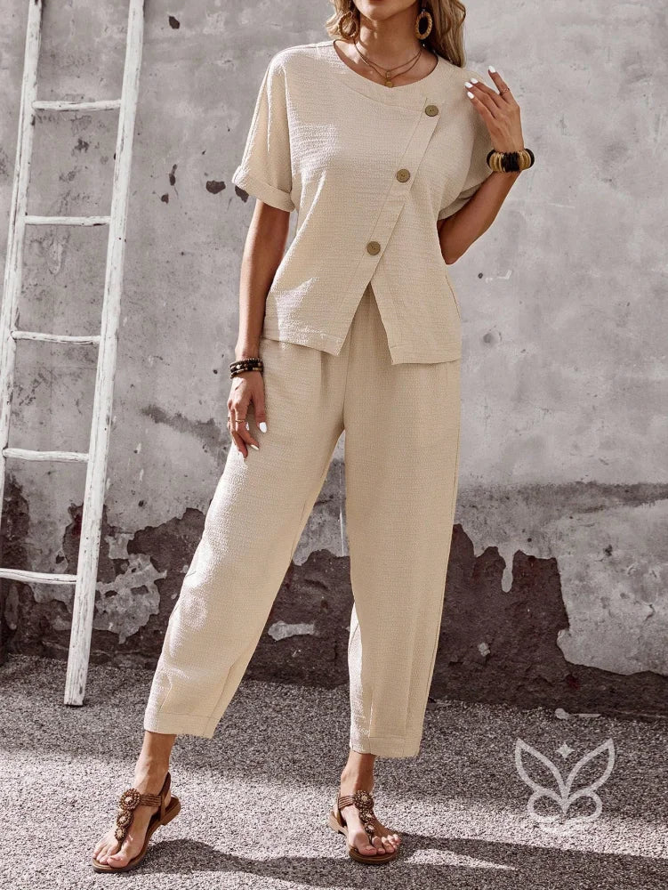 Conjunto Loungewear De Viscose Com Botões Laterais E Calça Jogger Caqui / PP Conjunto Loungewear De Viscose Com Botões